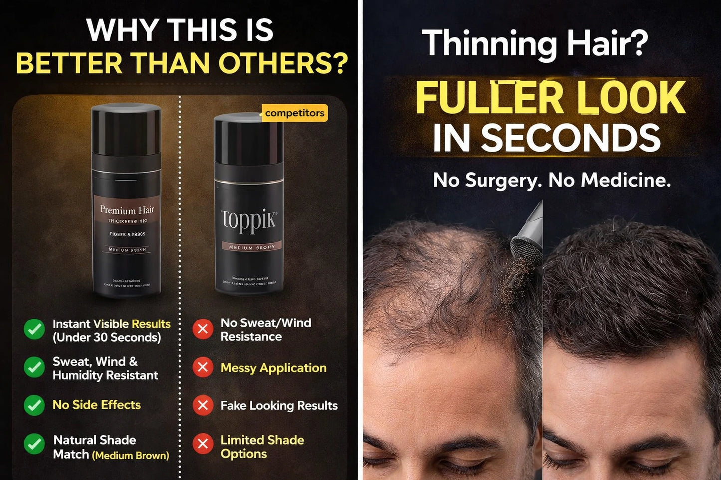 Instant Hair Fiber – Medium Brown 27.5g | 30-Second Hair Transformation | Sweat & Wind Resistant | Natural Keratin Thickening Powder