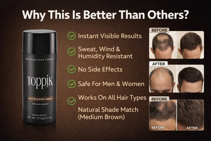 Instant Hair Fiber – Medium Brown 27.5g | 30-Second Hair Transformation | Sweat & Wind Resistant | Natural Keratin Thickening Powder